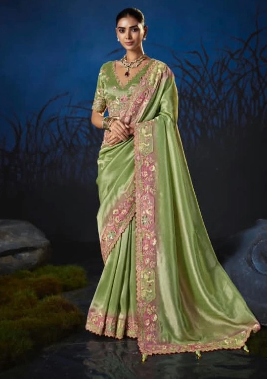 Light Pistachio Green Anaara Pure Viscose Zari Tissue Embellished Saree